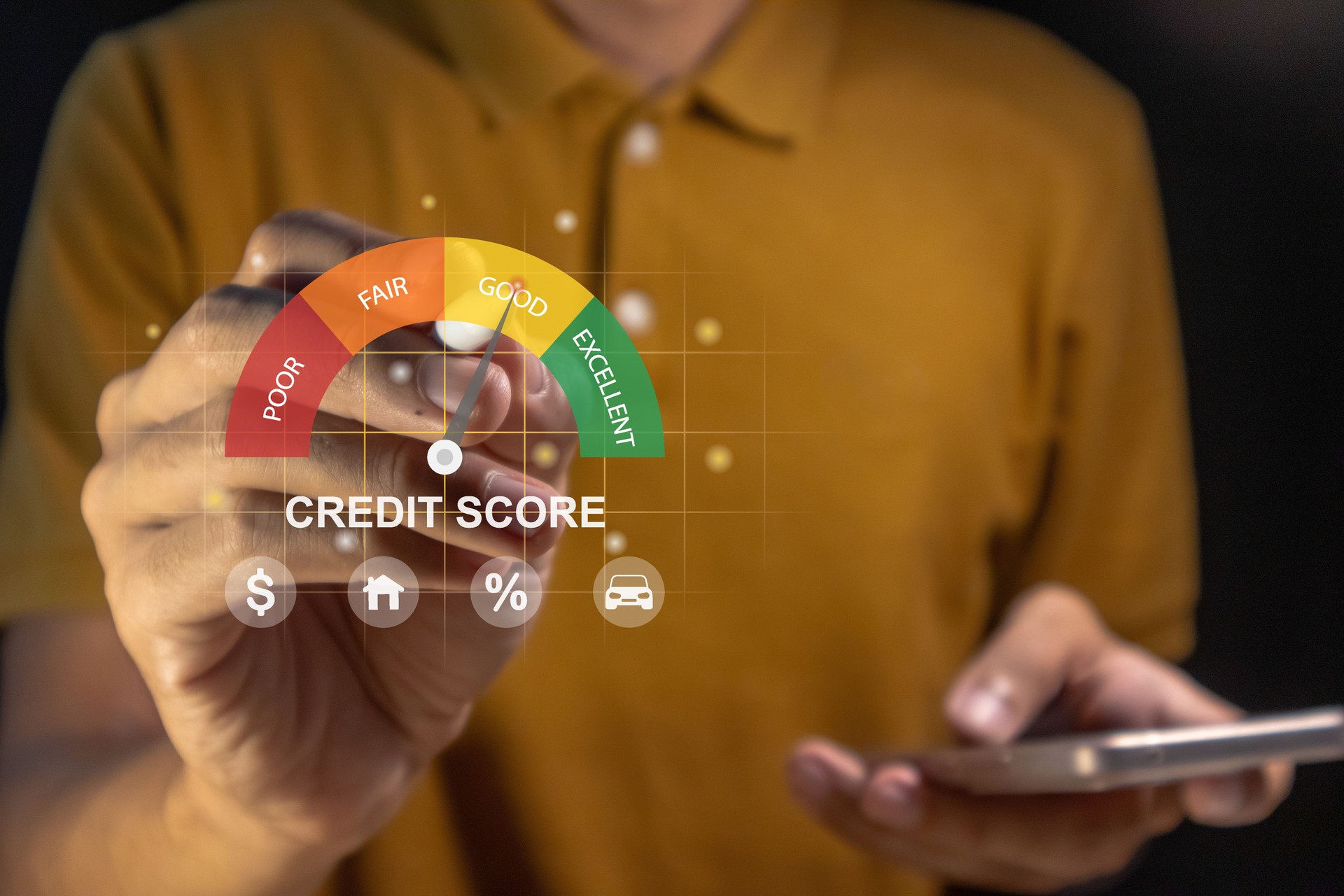 Man using a smartphone to check his credit score to apply for a loan to the bank. Online credit score ranking check concept.